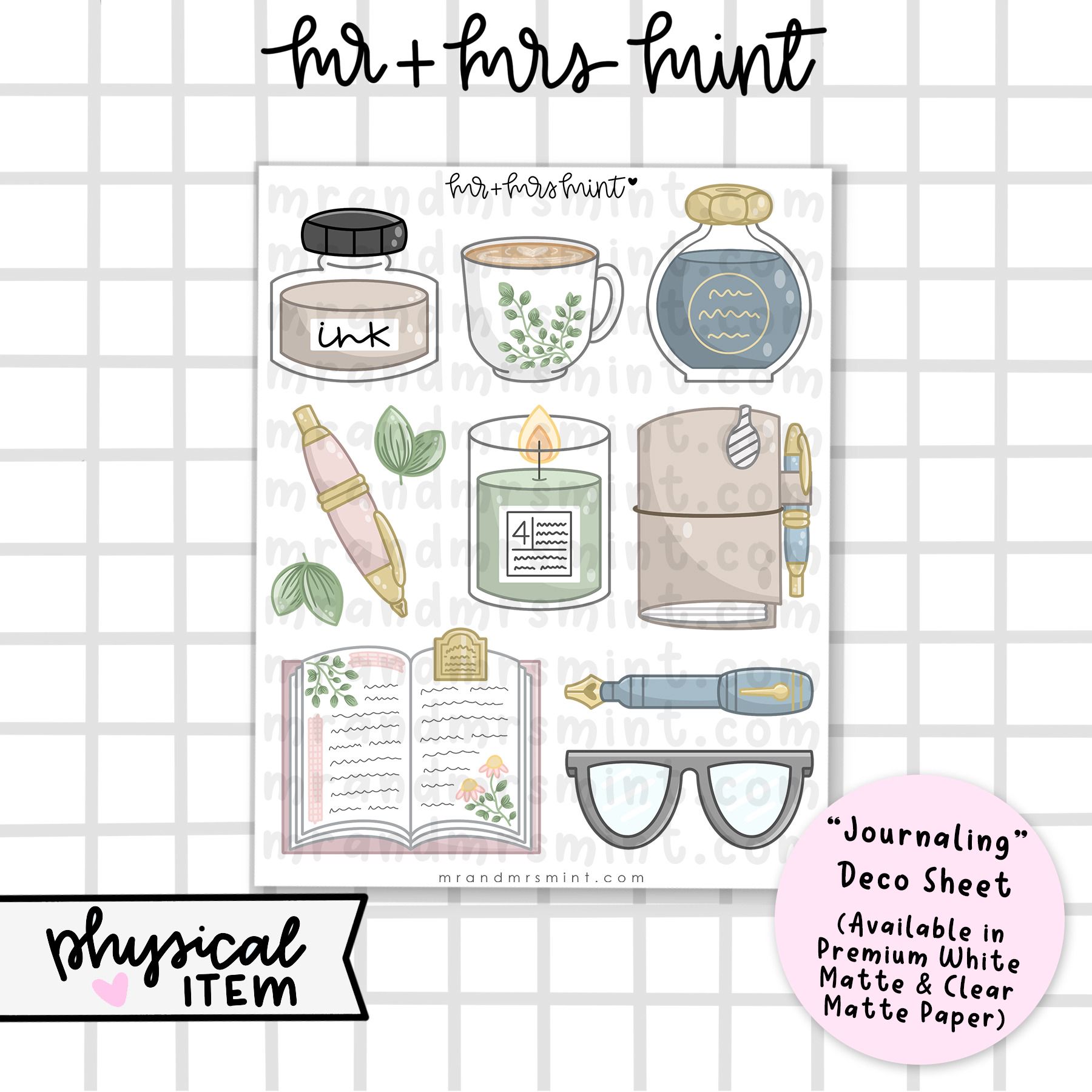 Journaling Deco Sheet  Planner Stickers - Mr + Mrs Mint Planner Stickers